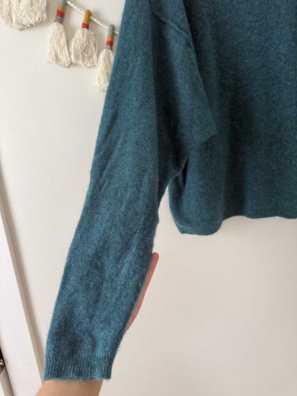 Free People Break Away Rollback Knit Teal Pullover Sweater Cozy Slouchy Wool L - Picture 3 of 10
